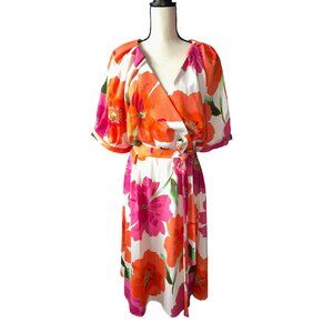 NWT Maison Tara Dress Floral Wrap Puff Sleeves Belt Orange Pink Flowers Chic 24W